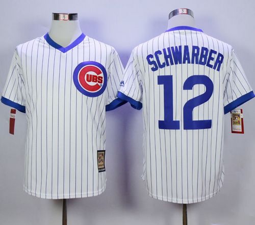 Cubs #12 Kyle Schwarber White Strip Home Cooperstown Stitched MLB Jersey - Click Image to Close